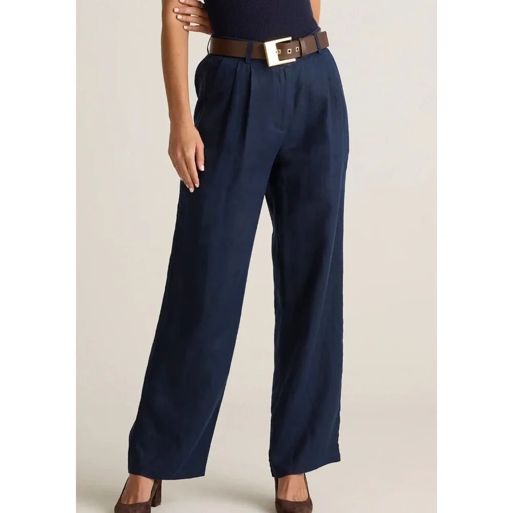 Quince 100% European Linen Navy Blue Pleated Trousers Women Sz 12 High Rise EUC